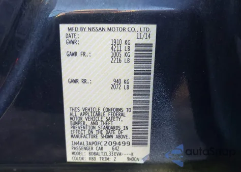 2015 Nissan Altima 2.5 Sl from USA, damaged, VIN 1N4AL3AP0FC209499